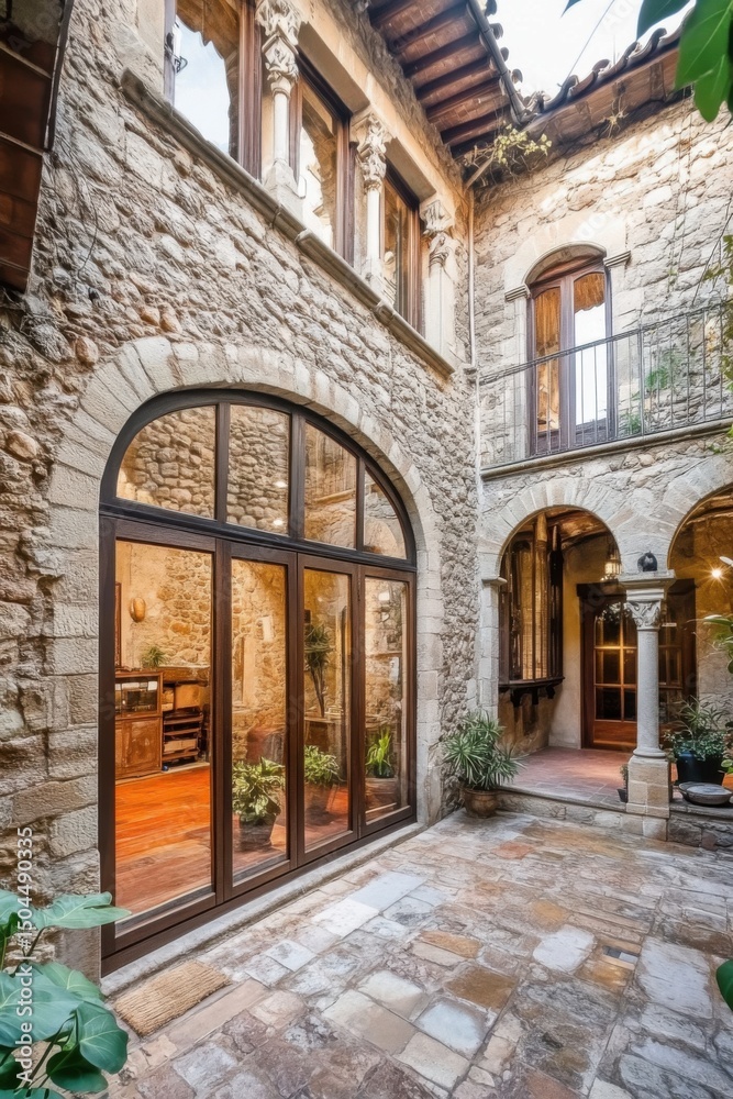Fototapeta premium Beautifully restored courtyard of an old stone mansion featuring intricate architecture and lush greenery, captured in the warm afternoon light