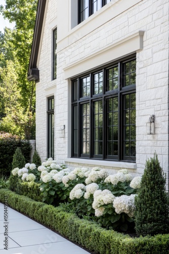Beautiful flower garden featuring white hydrangeas near a modern home with stone exterior, showcasing lush greenery and elegant landscaping in bright daylight