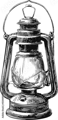 Vintage oil lantern detailed black and white illustration concept art. Vector illustration