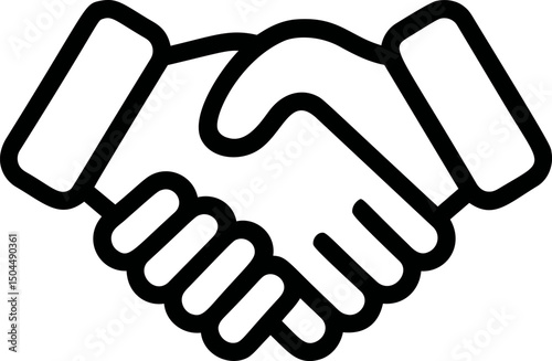 Black and white line drawing of two hands shaking in agreement symbol. Vector illustration
