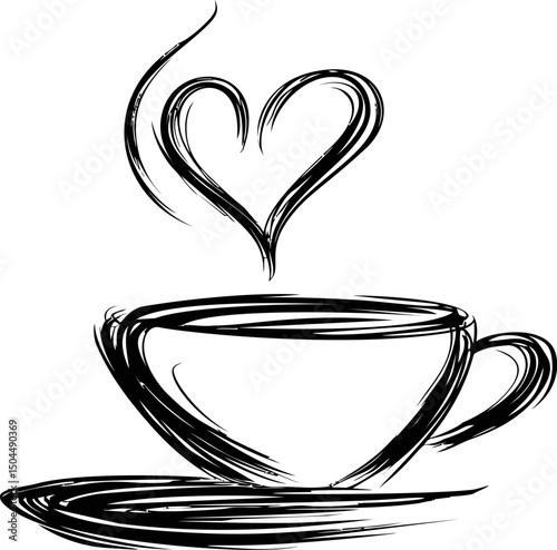 Artistic sketch of coffee cup with heart-shaped steam in black and white. Vector illustration