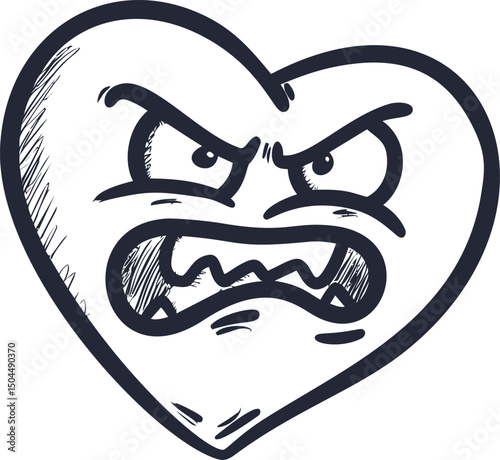 Angry heart-shaped emoticon with aggressive face in black and white illustration. Vector illustration