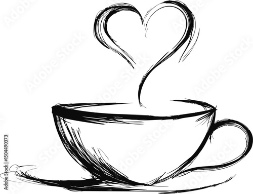 Artistic black and white sketch of a cup with heart-shaped steam. Vector illustration