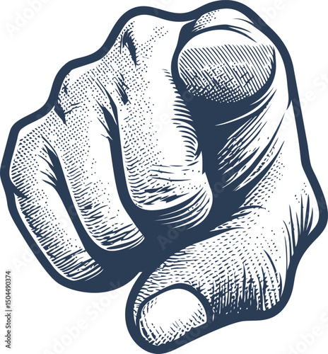 Vintage illustration of a pointing hand with intricate details, monochrome style. Vector illustration