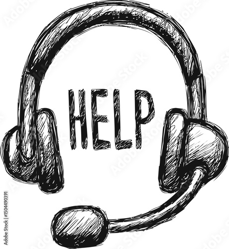 Hand drawn headset surrounding the word help in black and white sketch. Vector illustration