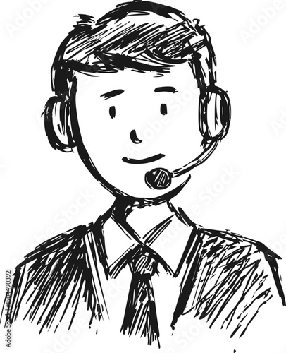 Sketch of a smiling customer service representative with headset. Vector illustration