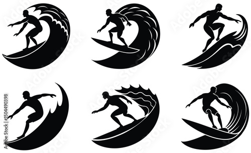 Man Surfing on Wave Silhouette Vector – Extreme Water Sport, Ocean Surf Rider, Summer Adventure, and Coastal Waveboarding Scene