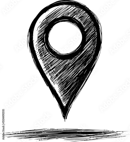 Hand-drawn black and white sketch of a map location pin icon. Vector illustration