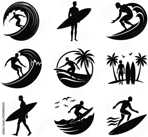 Man Surfing on Wave Silhouette Vector – Extreme Water Sport, Ocean Surf Rider, Summer Adventure, and Coastal Waveboarding Scene