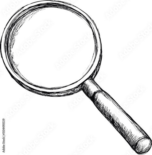 Hand-drawn magnifying glass sketch with detailed lines and shading. Vector illustration