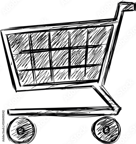Black and white sketch of a shopping cart, hand-drawn art. Vector illustration