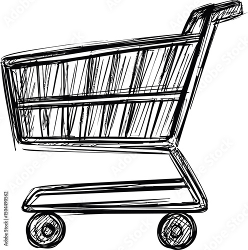 Black and white sketch of an empty shopping cart with artistic lines. Vector illustration
