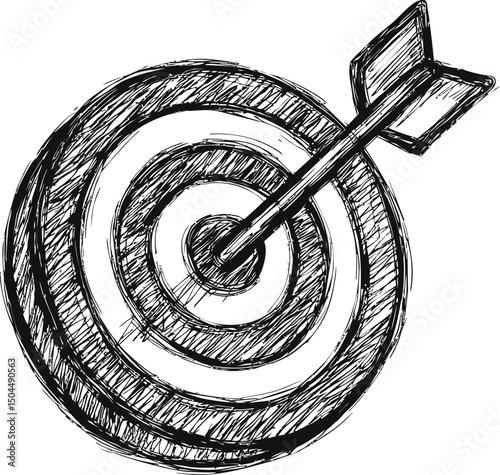 Sketch of a target with an arrow hitting the center, achieving precision. Vector illustration
