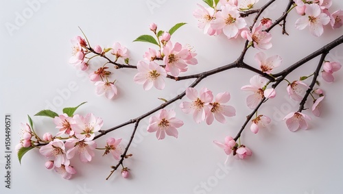 Elegant Pink Cherry Blossom Branches on White Background