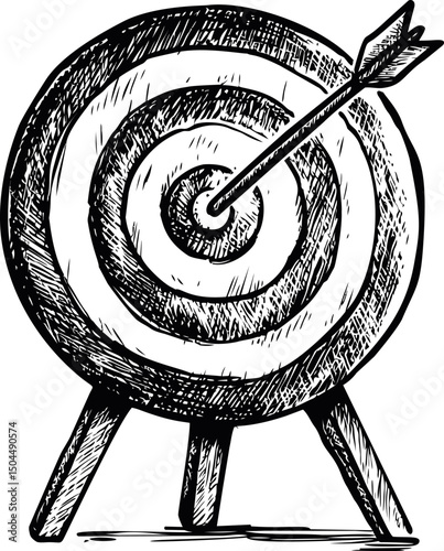 Black and white sketch of a target with an arrow in the bullseye. Vector illustration