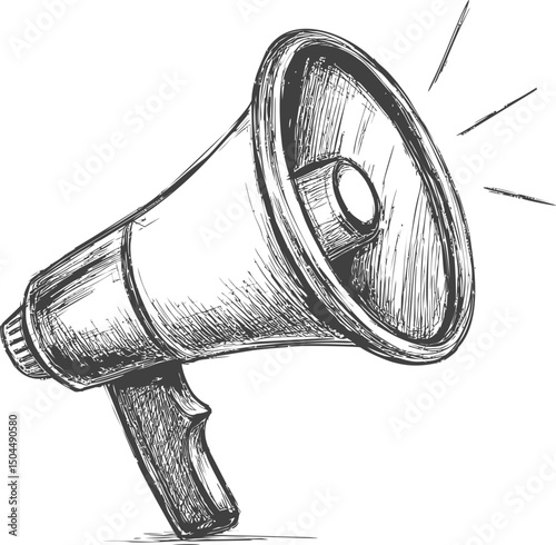Black and white illustration of a megaphone with sound lines sketch. Vector illustration