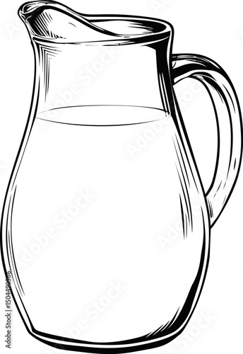 Transparent glass pitcher with water in black and white illustration. Vector illustration
