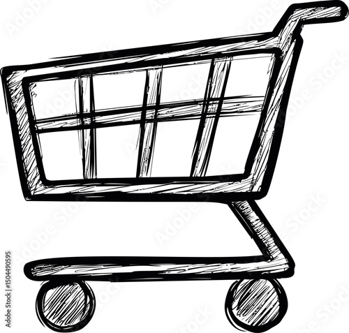 Black and white sketch of a shopping cart on wheels with wire mesh basket. Vector illustration