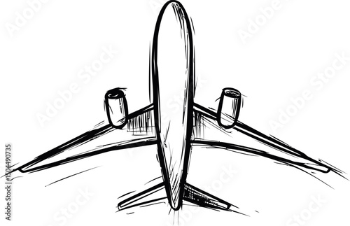 Sketch of an airplane with engines viewed from above in black and white drawing. Vector illustration