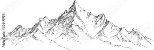 Mountain range sketch with detailed peaks in black and white illustration style. Vector illustration