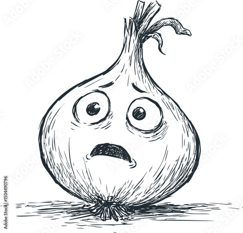 Distressed cartoon onion with wide eyes sketched in black and white. Vector illustration