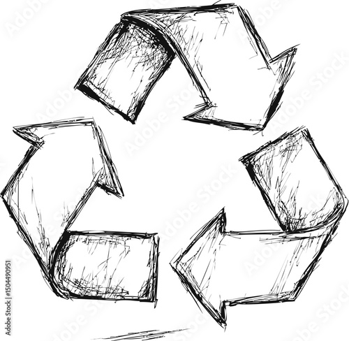 Sketch of a black and white recycling symbol with arrows drawn in rough lines. Vector illustration