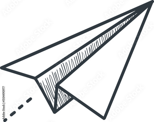 Paper airplane sketch with dashed flight path, simple design concept. Vector illustration