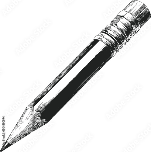 Detailed sketch of a classic wooden pencil with metal eraser sleeve. Vector illustration