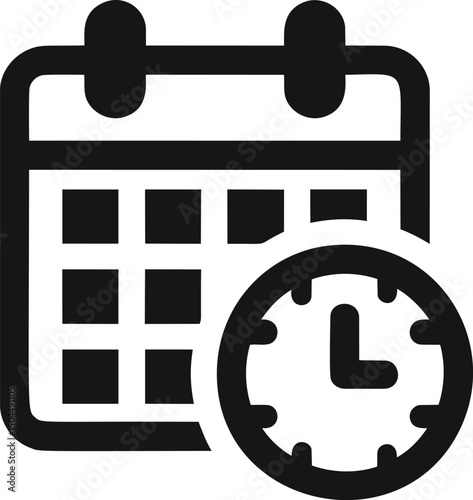 Calendar icon with clock representing time management and scheduling. Vector illustration
