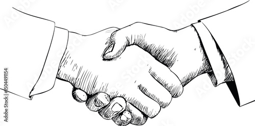 Illustration of two hands shaking in agreement with detailed line art. Vector illustration
