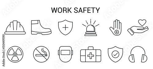 work safety equipment outline icon. These icons include a hard hat, safety glasses, gloves, boots, and a fire extinguisher. Construction Protection Symbols vector illustration.