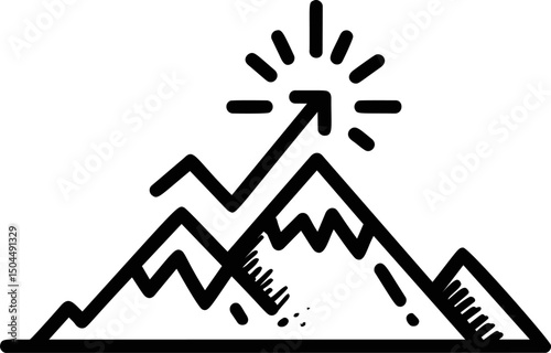 Simple black mountain icon with upward arrow showing growth concept. Vector illustration