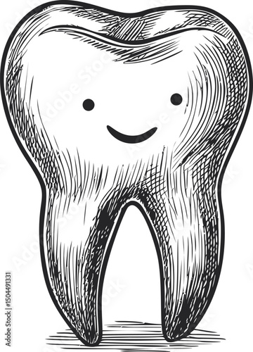 Smiling tooth sketch in black and white, cute dental illustration concept. Vector illustration