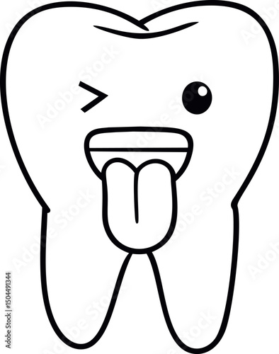 Cartoon tooth with playful expression and tongue out line art drawing. Vector illustration
