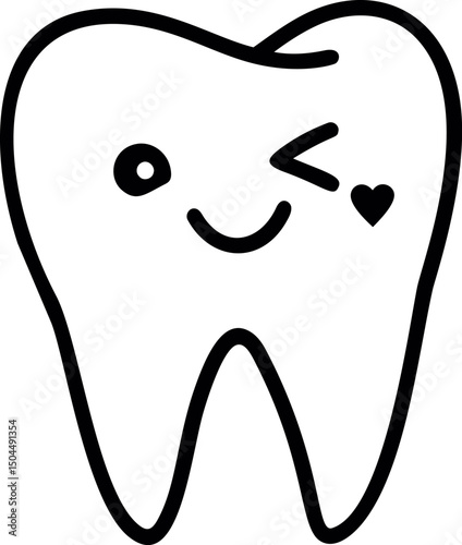 Cute cartoon tooth with winking face and heart shape in black outline. Vector illustration