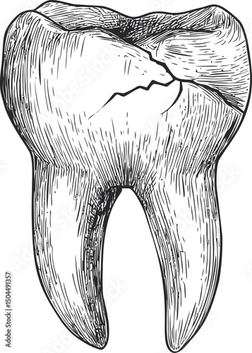 Detailed black and white sketch of a tooth with cracks, vintage illustration. Vector illustration