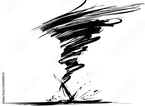 Black and white abstract illustration of a swirling tornado sketch. Vector illustration