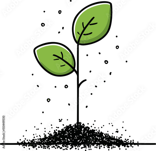 Small green seedling sprouting from soil in simple. Vector illustration