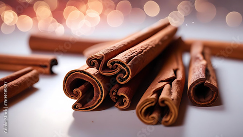 Cinnamon sticks isolated on white background with aromatic spice details photo