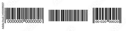 Set of barcode label templates isolated on white background. Collection of barcode icons. Visual digital data representation with merchandise information. Vector graphic illustration.