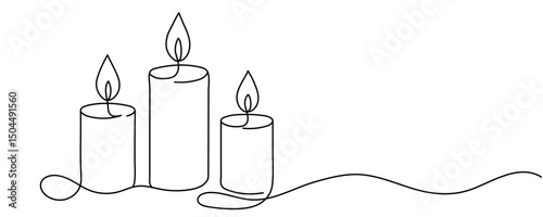 One line continuous three candle. Silhouette of burning memorial ceremony church tradition. Digital white single line sketch drawing vector illustration Editable stroke