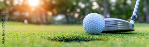Close up shot of a golf ball on a tee with a golf club about to strike it on a green golf course.