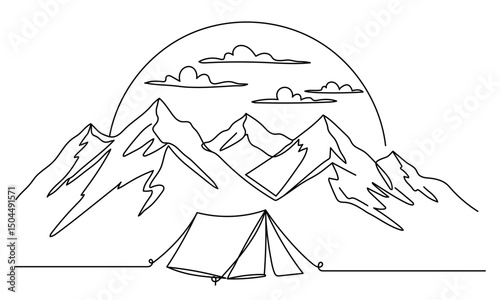 Single continuous line drawing tent camping in outdoor travel. Nature tourism, journey, adventure. Tent element concept. Camping travel tent equipment. Editable stroke
