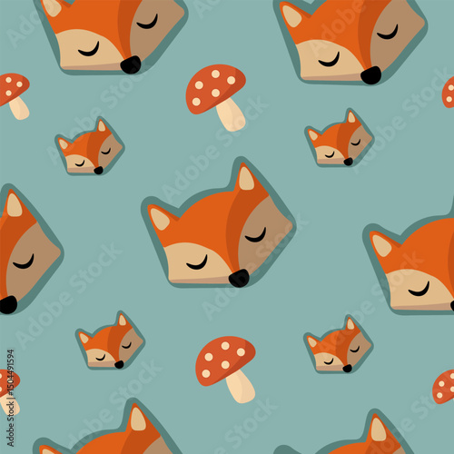 Whimsical Fox and Mushroom Seamless Pattern on Soft Blue