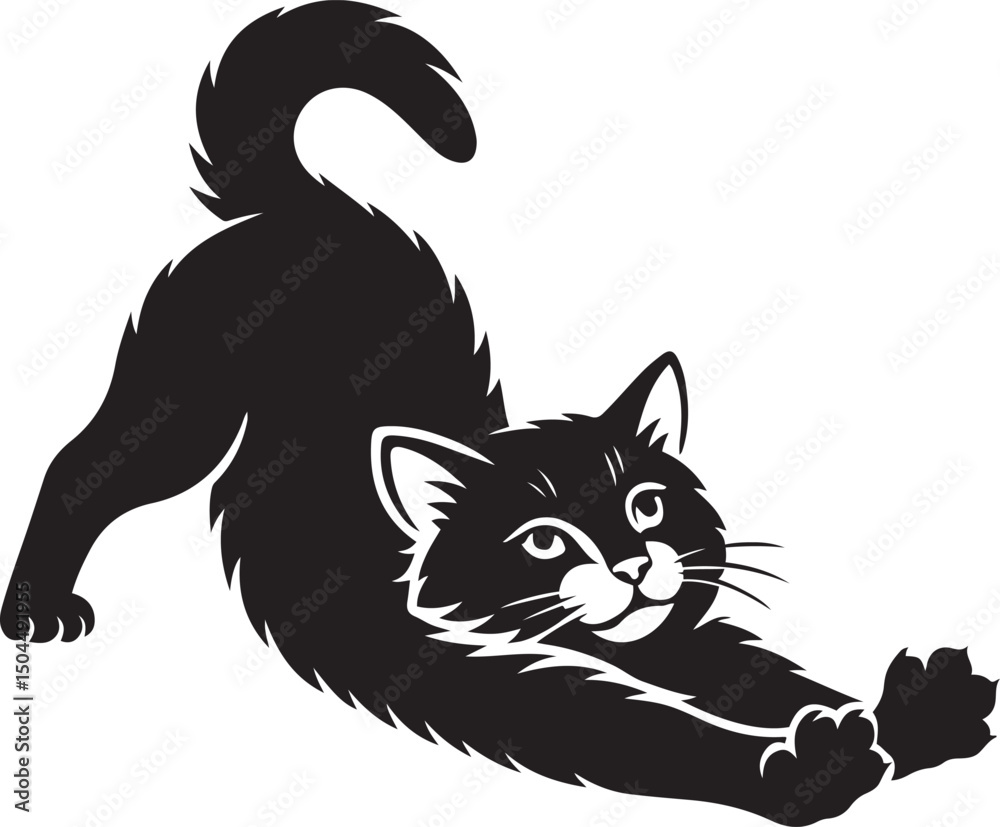 Obraz premium Stretching black cat silhouette design, Cat in morning stretch flat illustration