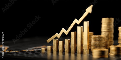 Golden arrow pointing upwards over golden bar chart and stacks of coins on dark surface