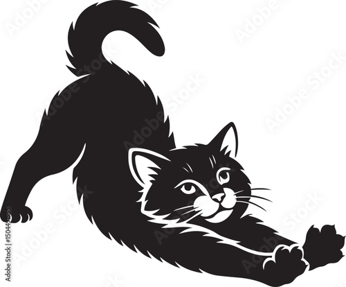 Stretching black cat silhouette design, Cat in morning stretch flat illustration
