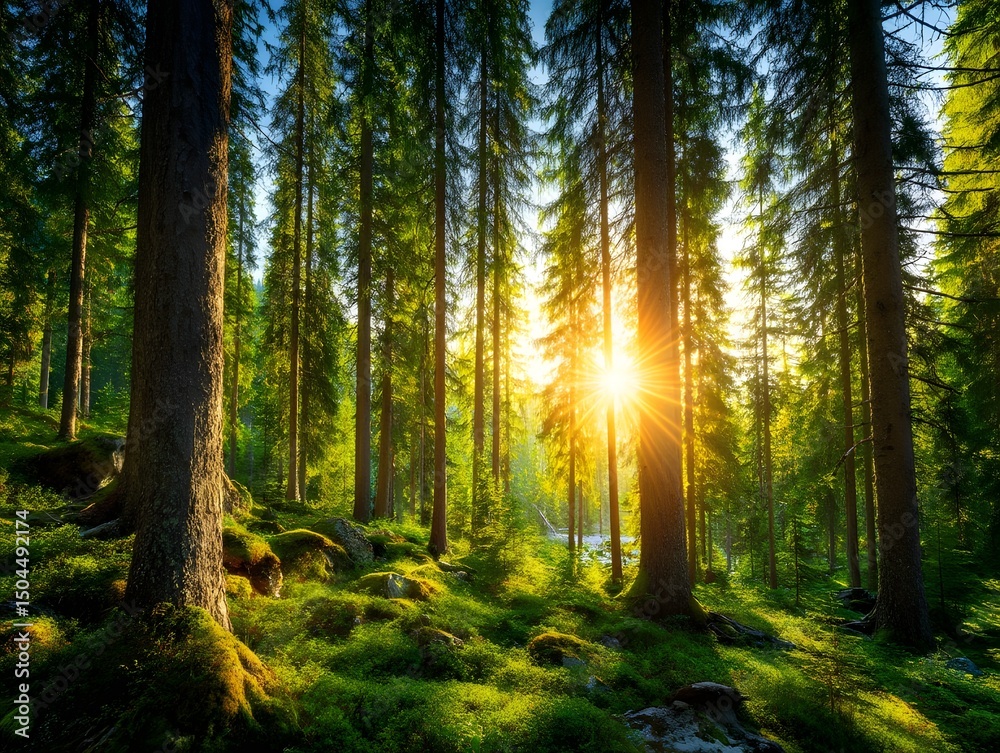 Obraz premium Dense Pine Forest with Sunlight Through Branches, Wide-Angle Immersive Woodland Scene, Lush Foliage and Dappled Light