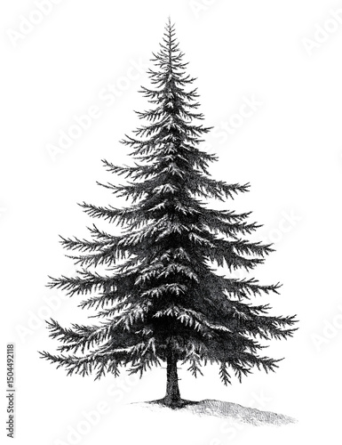 Detailed engraved black and white illustration of a realistic pine tree on a dark background ready for design use