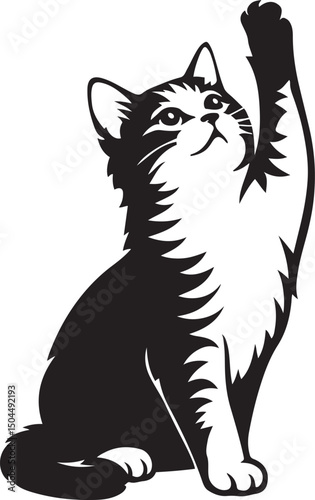 Cat silhouette reaching upwards, Curious cat black and white outline